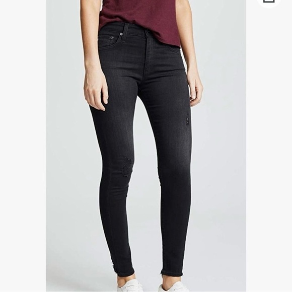 AG The Farrah High Rise Skinny Ankle Raw Hem Jeans in Black Size 28 - Picture 1 of 9